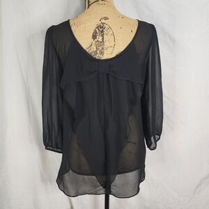 Vtg A. BYER Size Medium Sheer Black Chiffon Pleated Bow Detail Back Blouse Y2K